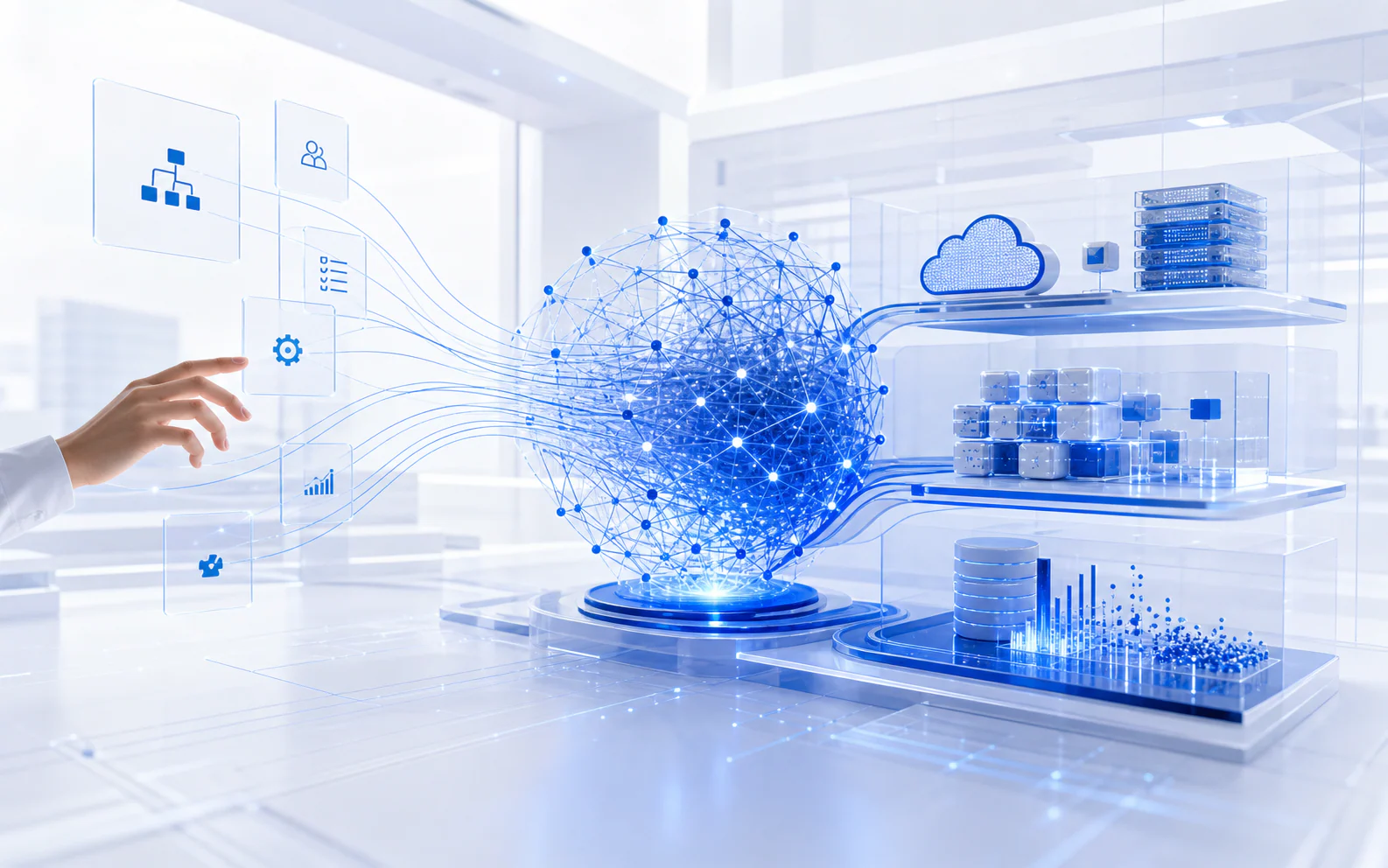 Enterprise AI systems connected across automation, cloud, software, and data